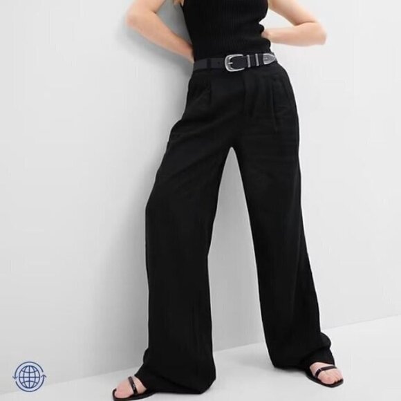 GAP High-Rise Linen Pleated Wide-Leg Plus Size 18/34 Black Pants MSRP $70 - Picture 1 of 4